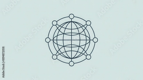 Monochrome line art depicts a stylized wireframe globe surrounded by eight interconnected nodes, symbolizing worldwide network communication and digital connectivity concepts.