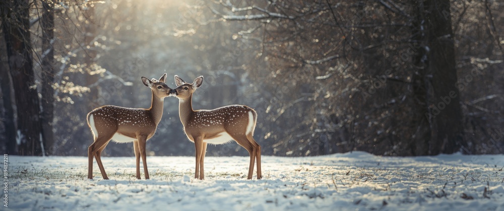 Obraz premium In a Toronto ravine backyard, Two White Tailed Doe deer sharing a kiss during winter