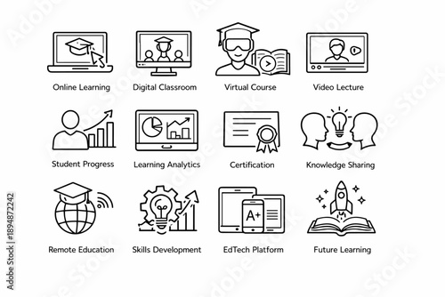 Minimal line icon set illustrating online learning, digital classroom, virtual courses, video lectures, analytics, certification, and skills development
