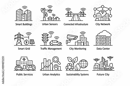 Line icons illustrating smart city components including buildings, sensors, connected infrastructure, networks, grid, traffic management, monitoring, analytics, sustainability