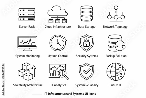 Minimal line icons illustrating IT infrastructure and systems concepts including servers, cloud infrastructure, data storage, monitoring, security, backup