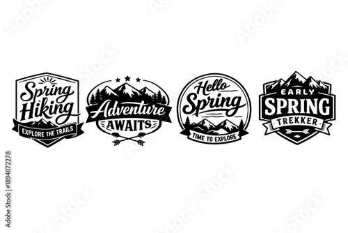 Black and white vintage outdoor badge set featuring spring hiking and adventure typography with mountains, trees, trails and trekking emblems