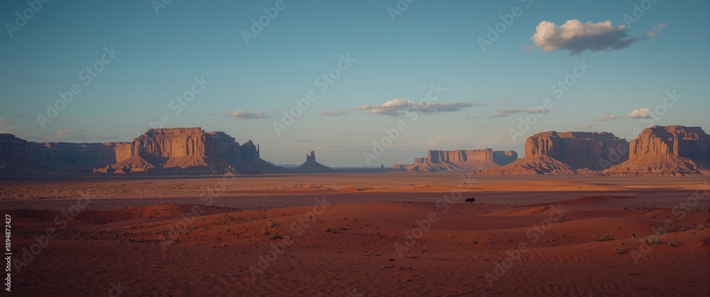 Fototapeta premium Wide-angle view of rocky mountains with red sand backdrop in desert environment, travel, nature, landscape, animals, mountain scenery, red hues, sandy terrain, desert landscape