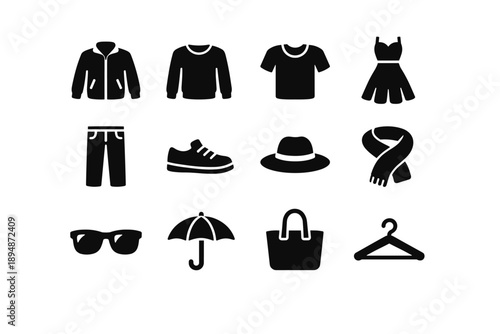 Minimal black silhouette icons of clothing and accessories including jacket, sweater, t-shirt, dress, pants, shoes, hat, scarf, sunglasses, umbrella