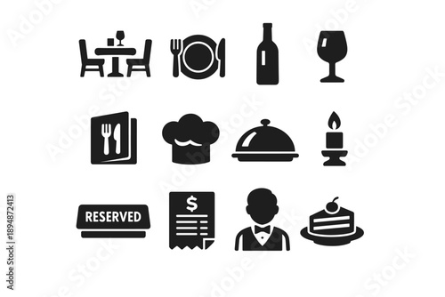 Minimal black restaurant and dining icons set showing table, cutlery, bottle, wineglass, chef hat, cloche, candle, reserved sign, menu, waiter, cake