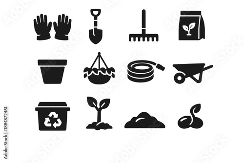 Minimal black gardening icon set featuring gloves, shovel, rake, seed bag, plant pot, hanging basket, hose, wheelbarrow, recycling bin, seedling