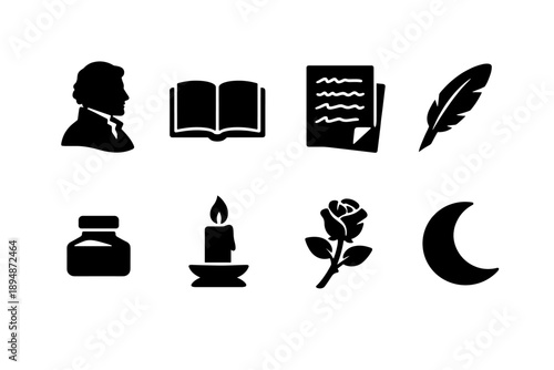 Black silhouette icons of writer tools and literary symbols including profile portrait, open book, manuscript, quill, ink bottle, candle, rose, moon