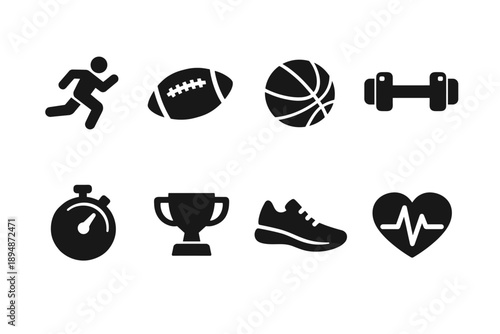 Set of black fitness and sports icons featuring running figure, football, basketball, dumbbell, stopwatch, trophy, sneaker, and heart rate