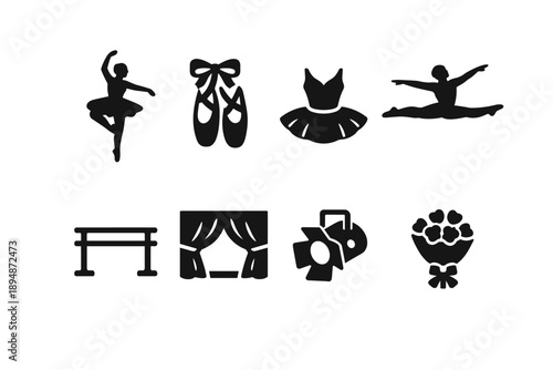 Black silhouette ballet icon set showing dancers, pointe shoes, tutu, bench, stage curtains, dance photos, and bouquet symbols on white background