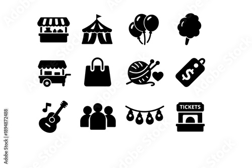 Black silhouette icons representing festival and fair elements including tents, balloons, guitar, market stalls, tickets booth, crowd, and decor