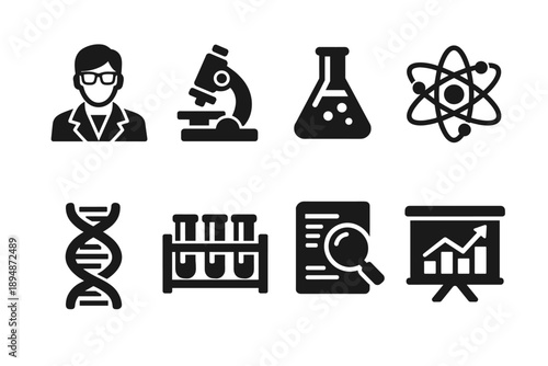 Monochrome science and research icons set featuring scientist, microscope, laboratory flask, atom, DNA helix, test tubes, analysis report, and chart