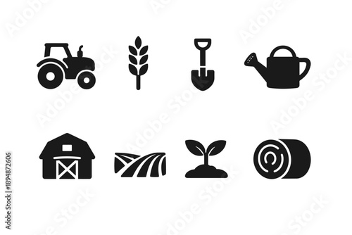 Set of black farming and gardening icons including tractor, wheat, shovel, watering can, barn, fields, seedling, and hay bale silhouettes
