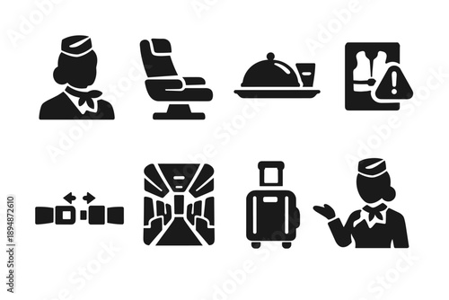 Black travel service icons set featuring flight attendant, airline seat, meal tray, luggage, cabin interior, and safety alert symbols on white background