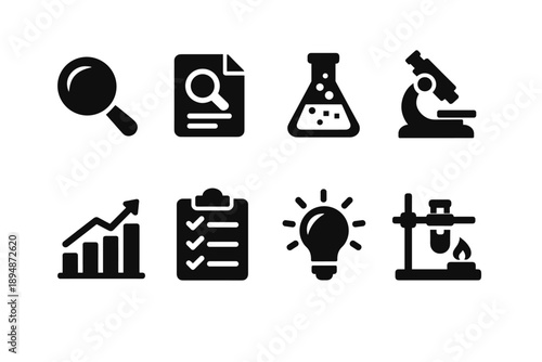 Set of black science and research icons featuring magnifying glass, document search, laboratory flask, microscope, chart, checklist, lightbulb, and test rig