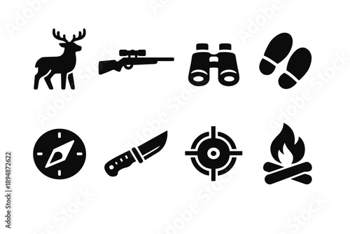 Set of black hunting and outdoor icons including deer, rifle, binoculars, footprints, compass, knife, crosshair target, and campfire