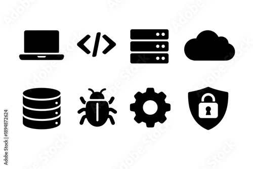 Set of software development and cybersecurity icons including laptop, code brackets, server stack, cloud storage, database, bug, settings gear, and shield lock