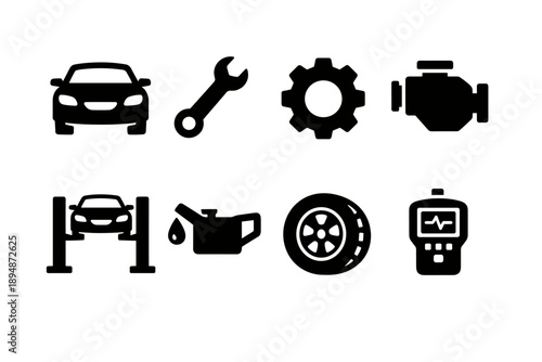 Black automotive service and repair icons showing car, wrench, gear, engine, lift, oil can, tire, and diagnostic scanner on white background