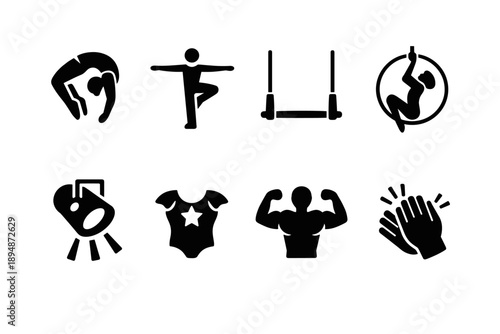 Set of black fitness and sports silhouette icons showing stretching, balance pose, parallel bars exercise, aerial hoop, weightlifting, and clapping hands