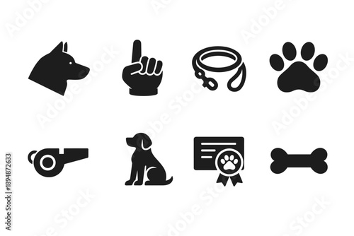Set of dog-related silhouette icons including head profile, raised finger hand, collar and leash, paw print, whistle, sitting puppy, award badge, and bone