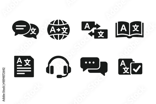 Set of black translation and language service icons including speech bubbles, globe, document, headset support, chat, and multilingual dictionary