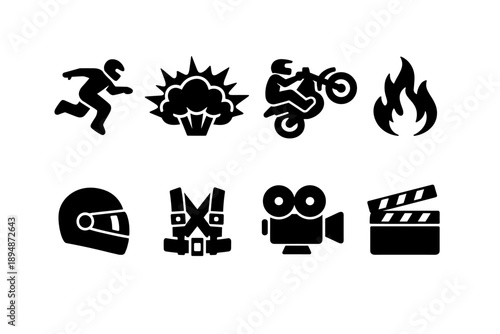 Set of black silhouette action and film icons showing running figure, explosion, stunt motorcyclist, fire, helmet, safety harness, camera, and clapperboard