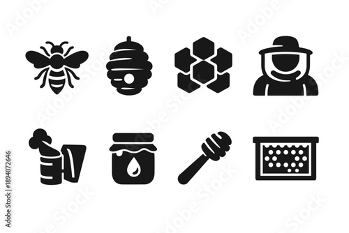 Set of beekeeping and honey icons featuring bee, hive, honeycomb, beekeeper, smoker, honey jar, dipper, and wax frame silhouettes