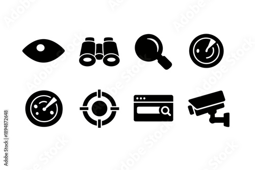 Black surveillance and monitoring icons set featuring eye, binoculars, magnifier, gauges, crosshair target, search window, and security camera