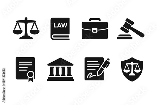 Set of legal icons featuring scales of justice, law book, briefcase, gavel, certificate, courthouse building, contract document, and shield symbol