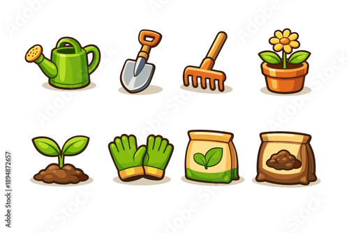 Set of gardening tools and supplies including watering can, trowel, rake, flower pot, seedling, gloves, fertilizer bag, and soil sack icons
