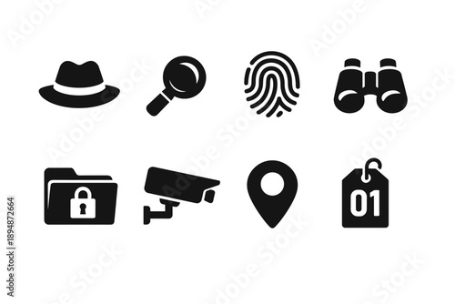 Black security and investigation icons set featuring hat, magnifier, fingerprint, binoculars, locked folder, CCTV camera, map pin, and tag