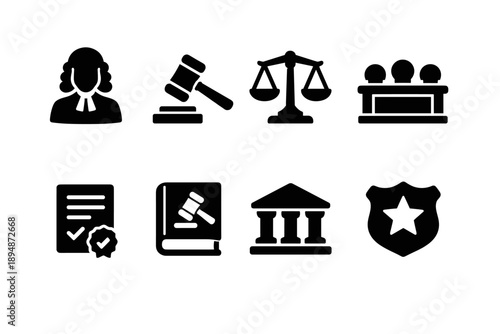Black legal and justice icons set featuring lawyer, gavel, balance scales, courtroom bench, document, law book, courthouse and security badge