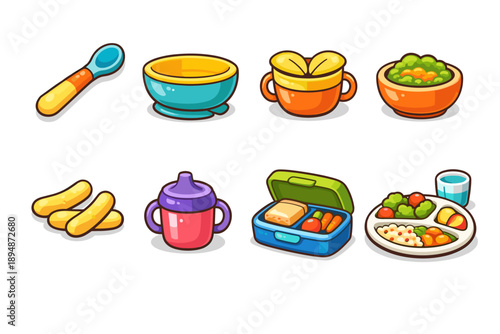 Cute cartoon baby feeding set with spoon, bowls, cup, bib, lunchbox, finger foods, and plate of healthy toddler meal on white background
