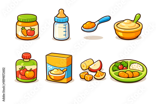 Colorful cartoon set of baby food items including puree jars, feeding bottle, spoonful of mush, cereal box, fruit pieces, and meal bowl