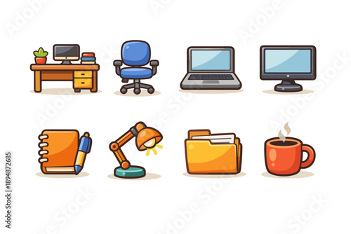 Cute cartoon office workspace icons set featuring desk, chair, laptop, monitor, notebook, desk lamp, folder, and coffee mug on white background