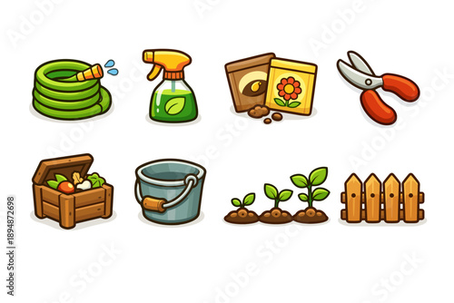 Illustrated gardening icon set with hose, spray bottle, seed packets, pruning shears, compost crate, bucket, seedlings, and wooden fence elements
