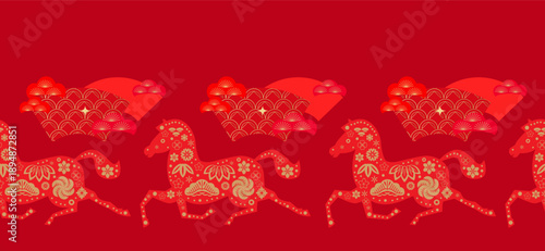 Seamless pattern with zodiac symbol Chinese New Year 2026, Zodiac sign, lunar year of the Horse  Vector template