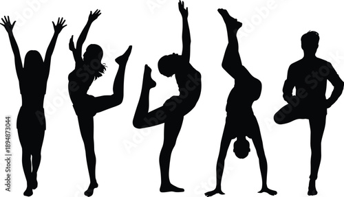 Yoga fitness silhouettes performing balance flexibility poses wellness training black flat vector illustration isolated set collection design