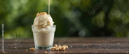 Traditional coconut milk ice cream with milk topping and roasted peanuts