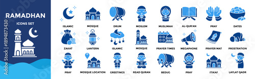 Ramadhan icon set. Containing Drum, Read Quran, The Night of Decree, Pray, Spiritual Retreat
