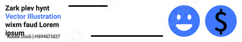 Financial growth, budgeting, happiness, income, success, minimalism. happy face alongside a dollar symbol in blue circles. Happiness and financial growth concept