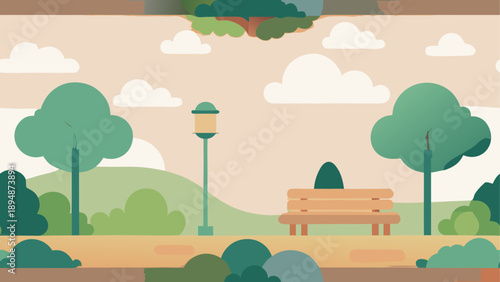 Peaceful park bench in serene landscape