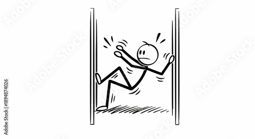 Stick figure trapped between two vertical bars struggling to escape.