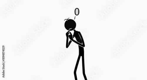 Stick figure thinking with question mark above head.