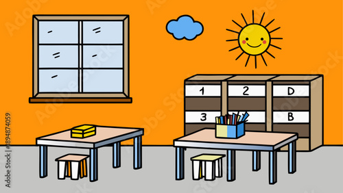 Bright classroom with learning stations
