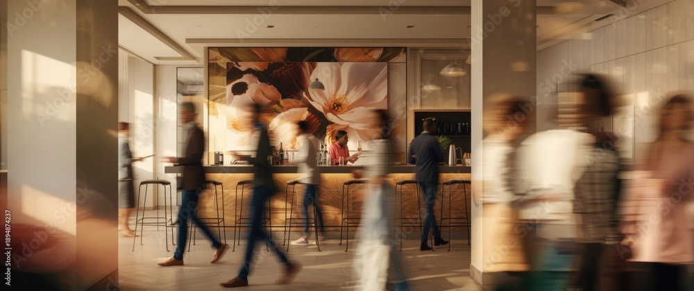 Naklejka premium MODERN OFFICE SETTING WITH BLURRED FLOWERS AND PEOPLE IN THE BACKGROUND