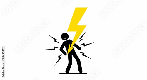 Stick figure struck by lightning bolt symbol of electric shock.