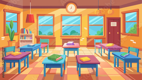 Brightly lit classroom with organized desks