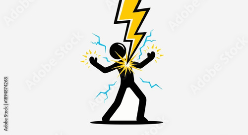 Stick figure struck by lightning bolt with sparks flying.