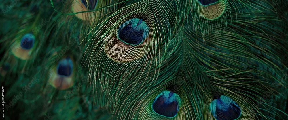 Fototapeta premium Detailed view of peacock feathers, Gorgeous Green peafowl