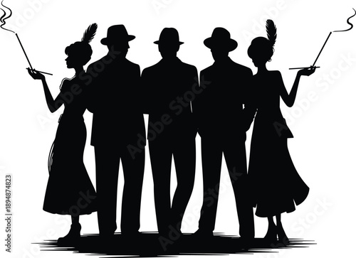 Vintage gangsters silhouettes smoking cigarettes retro mafia style people noir fashion black flat vector illustration isolated set